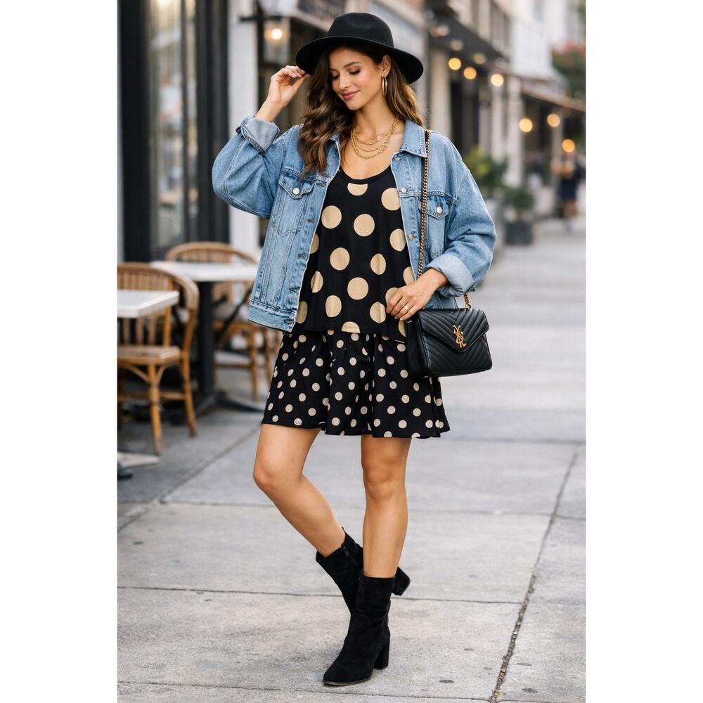 Maeve Anthropologie Davina Dress S‎ Black Tan Polka Dot Layered Swing Sleeveless